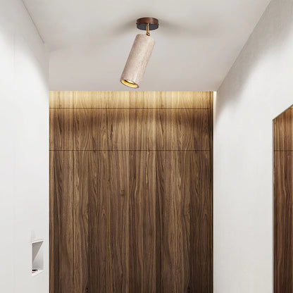 Adjustable ceiling light featuring a travertine shade and brass pivot, showcasing a compact modern design ideal for indoor accent lighting. 8