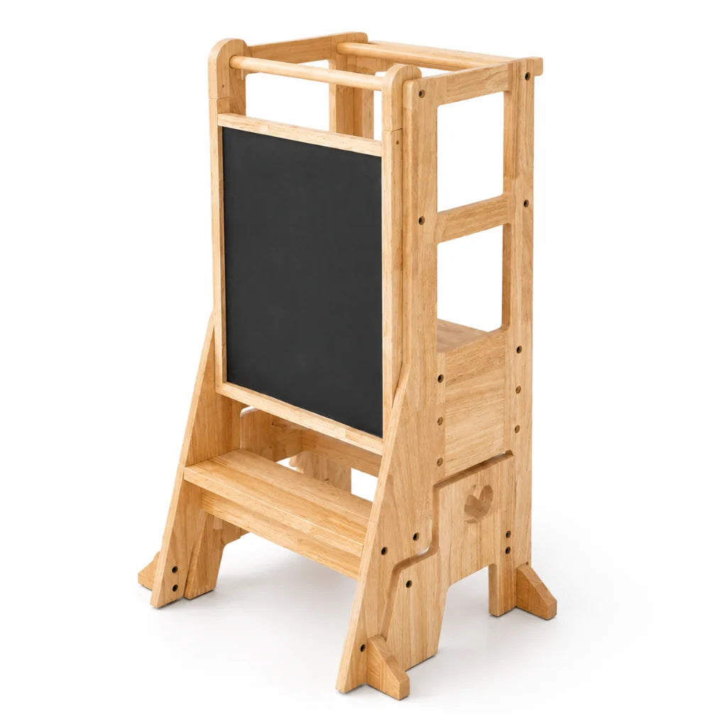 Adjustable wooden learning tower for toddlers featuring a Montessori-inspired design, 3-in-1 functionality, and a natural finish, ideal for promoting independence and 1