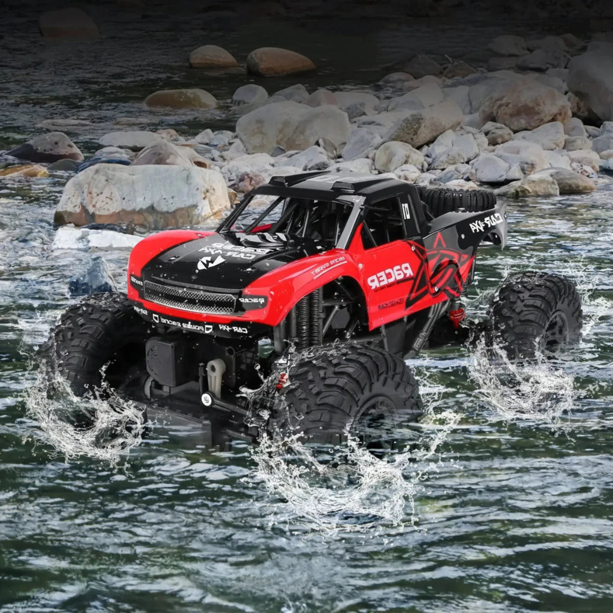 Amphibious RC Monster Truck featuring 4WD and IP66 waterproof design, perfect for all-terrain adventures, showcasing rugged tires and a powerful 0