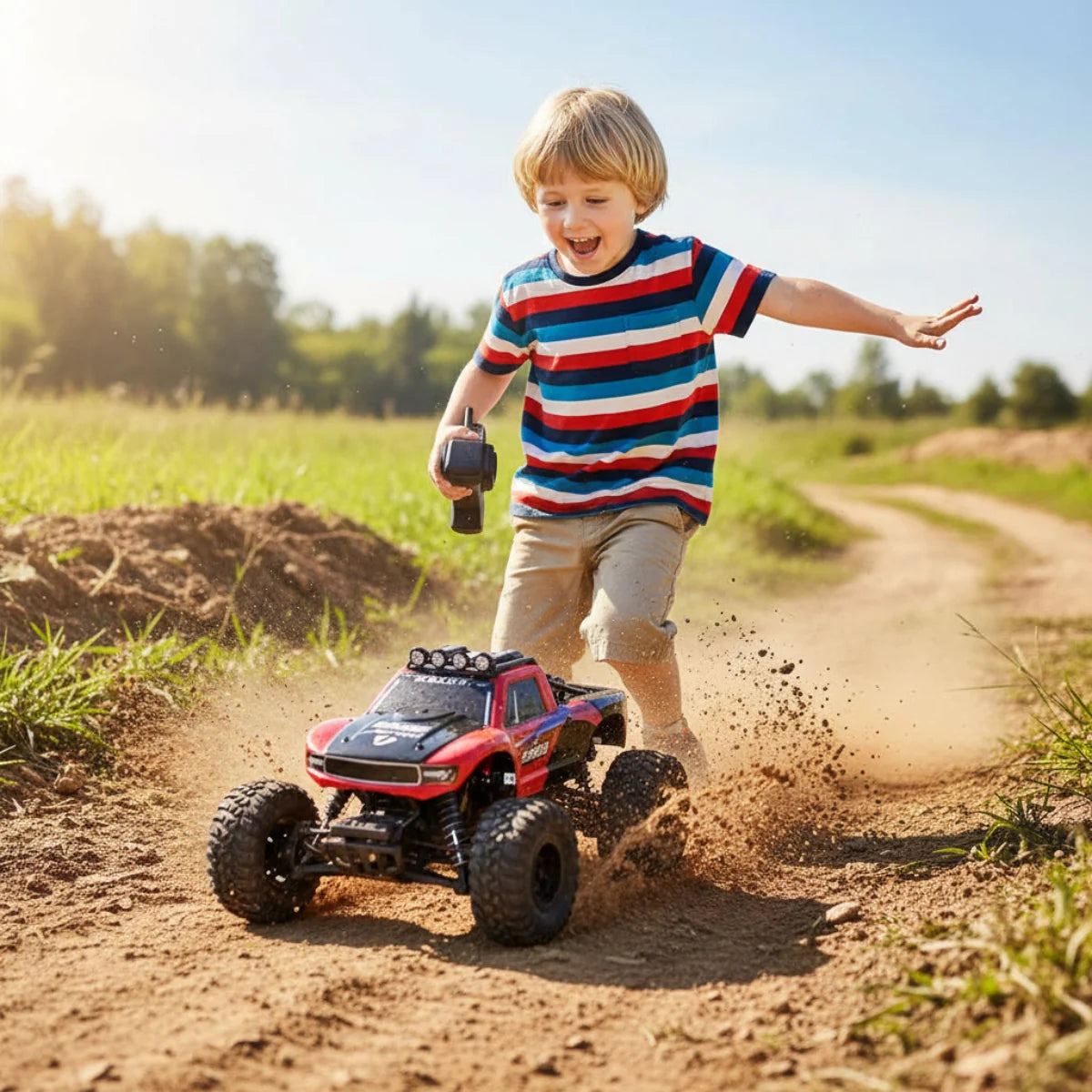 Amphibious RC Monster Truck featuring 4WD and IP66 waterproof design, perfect for all-terrain adventures, showcasing rugged tires and a powerful 1