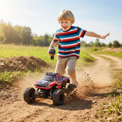 Amphibious RC Monster Truck featuring 4WD and IP66 waterproof design, perfect for all-terrain adventures, showcasing rugged tires and a powerful 1