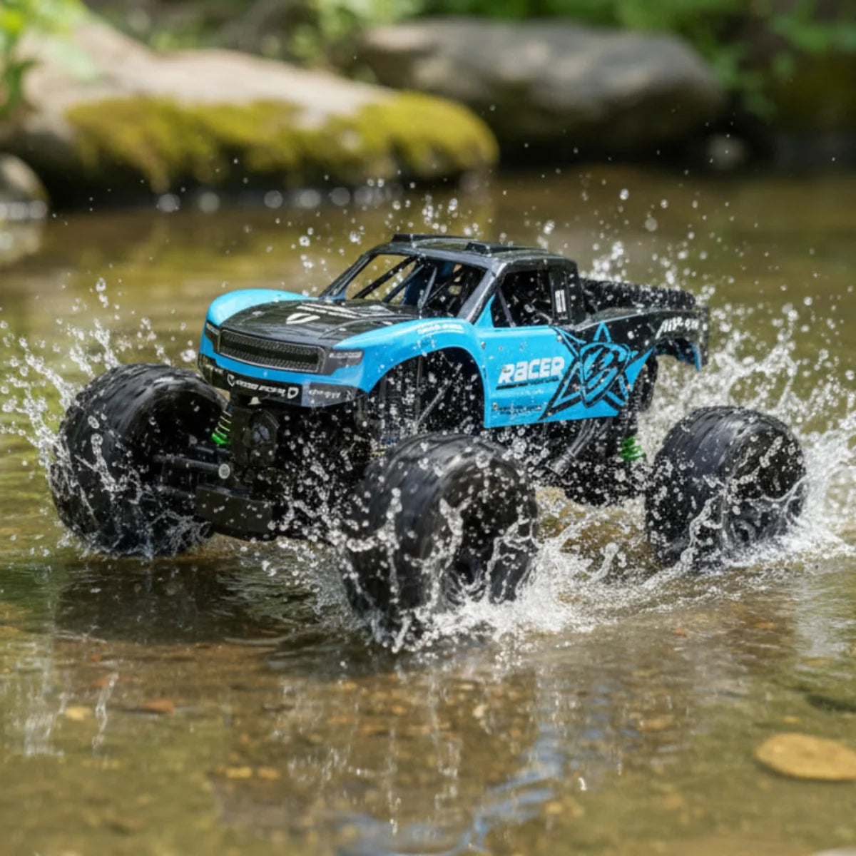 Amphibious RC Monster Truck featuring 4WD and IP66 waterproof design, perfect for all-terrain adventures, showcasing rugged tires and a powerful 3