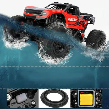 Amphibious RC Monster Truck featuring 4WD and IP66 waterproof design, perfect for all-terrain adventures, showcasing rugged tires and a powerful 4