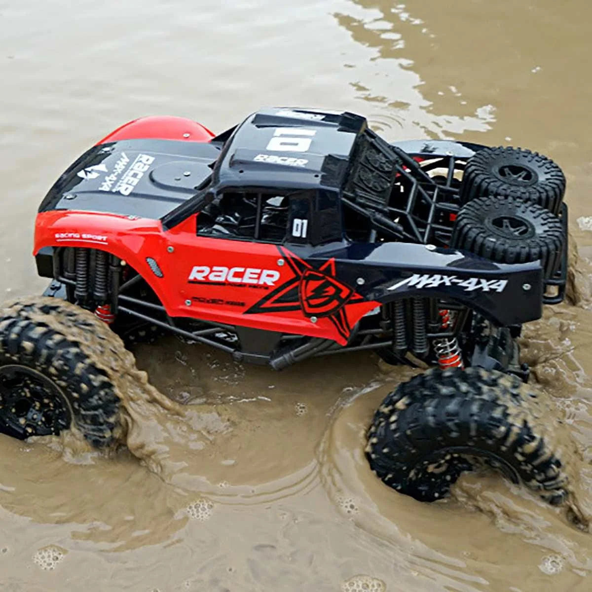 Amphibious RC Monster Truck featuring 4WD and IP66 waterproof design, perfect for all-terrain adventures, showcasing rugged tires and a powerful 8