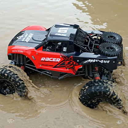 Amphibious RC Monster Truck featuring 4WD and IP66 waterproof design, perfect for all-terrain adventures, showcasing rugged tires and a powerful 8
