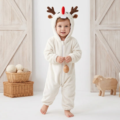 Cute animal hooded baby romper made of soft flannel fleece, featuring a full-length zip, perfect for toddlers to stay warm and cozy. 0