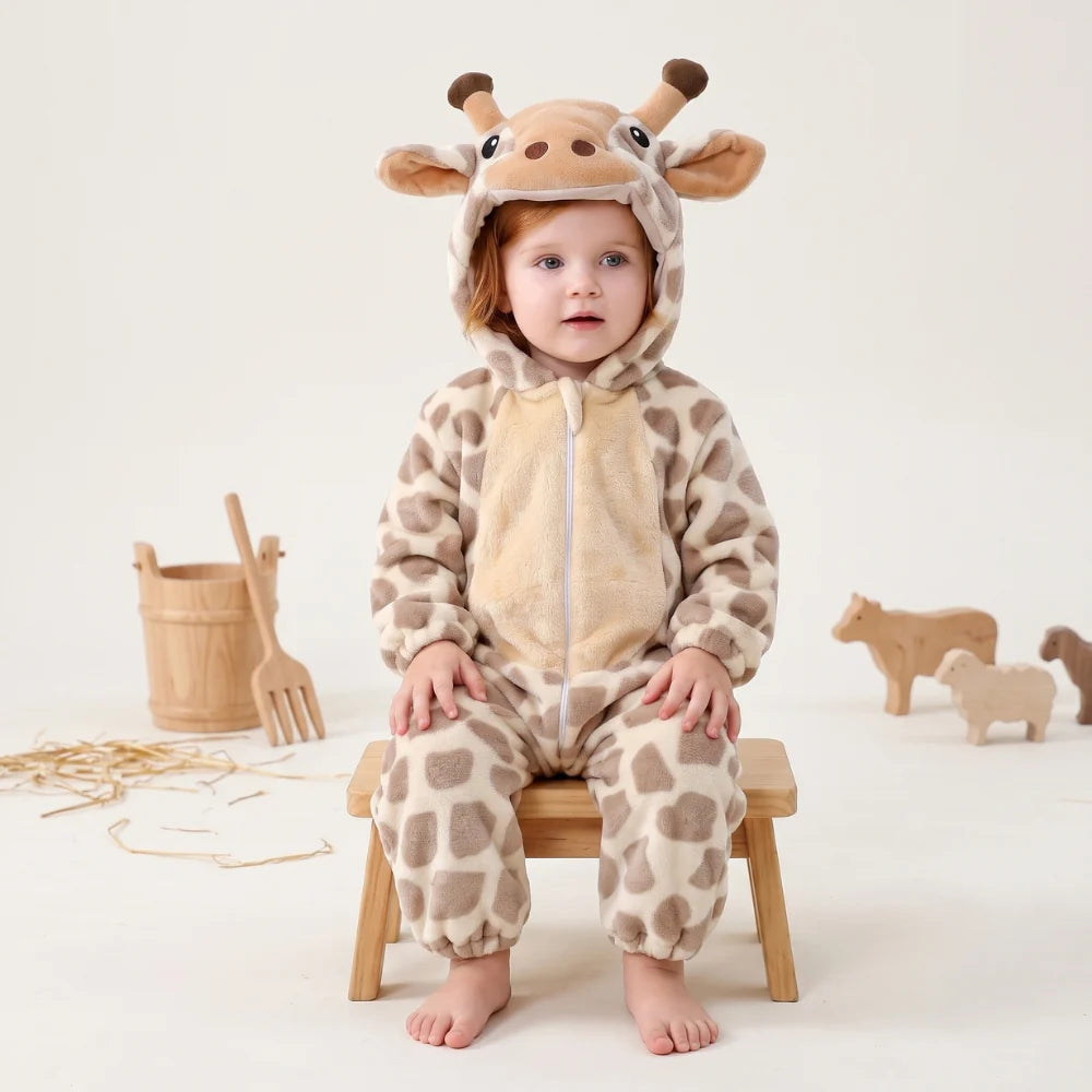 Cute animal hooded baby romper made of soft flannel fleece, featuring a full-length zip, perfect for toddlers to stay warm and cozy. 10