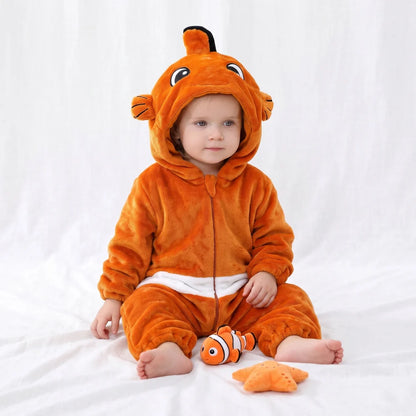 Cute animal hooded baby romper made of soft flannel fleece, featuring a full-length zip, perfect for toddlers to stay warm and cozy. 11