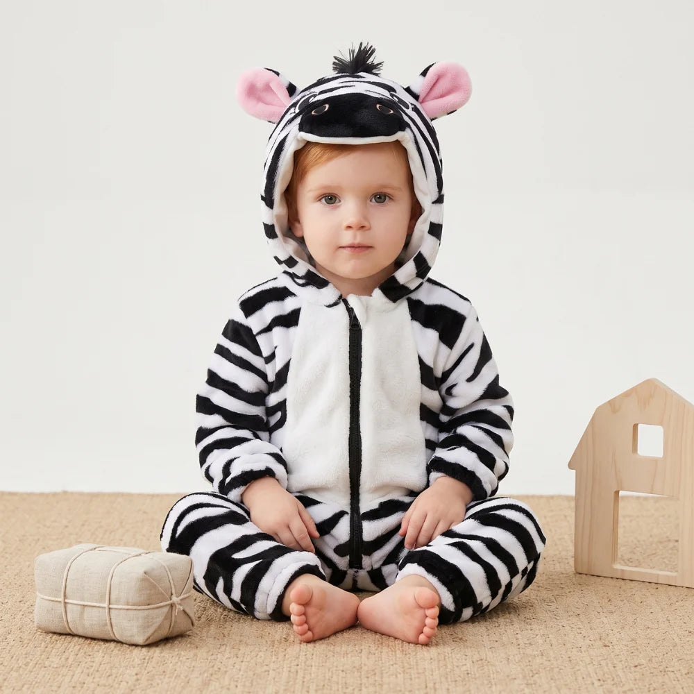 Cute animal hooded baby romper made of soft flannel fleece, featuring a full-length zip, perfect for toddlers to stay warm and cozy. 12
