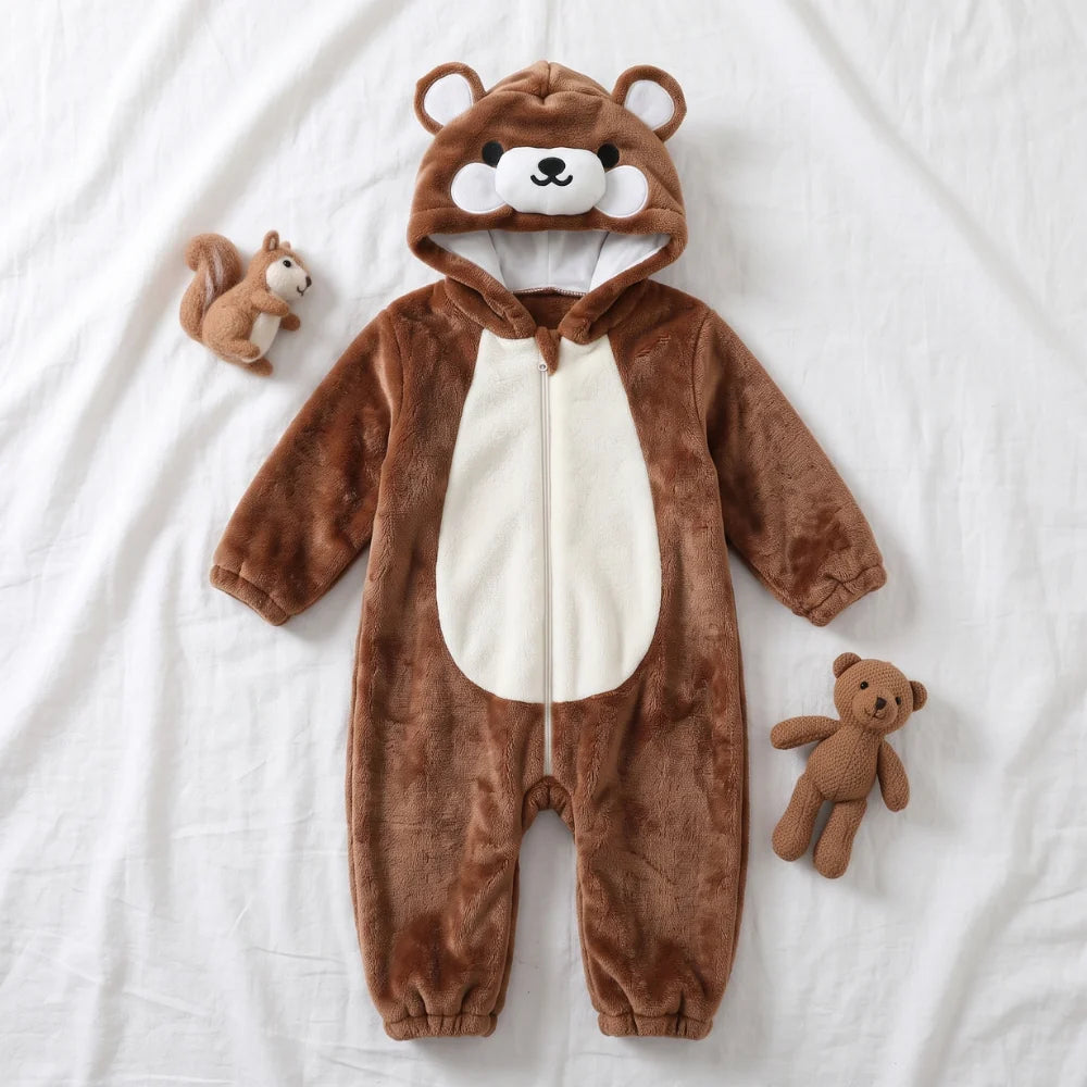 Cute animal hooded baby romper made of soft flannel fleece, featuring a full-length zip, perfect for toddlers to stay warm and cozy. 16