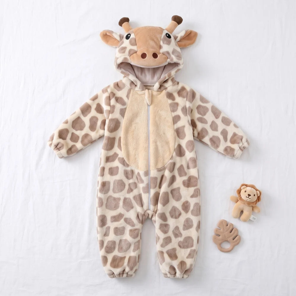 Cute animal hooded baby romper made of soft flannel fleece, featuring a full-length zip, perfect for toddlers to stay warm and cozy. 2