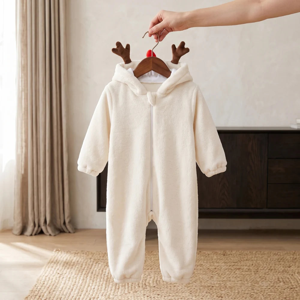 Cute animal hooded baby romper made of soft flannel fleece, featuring a full-length zip, perfect for toddlers to stay warm and cozy. 3