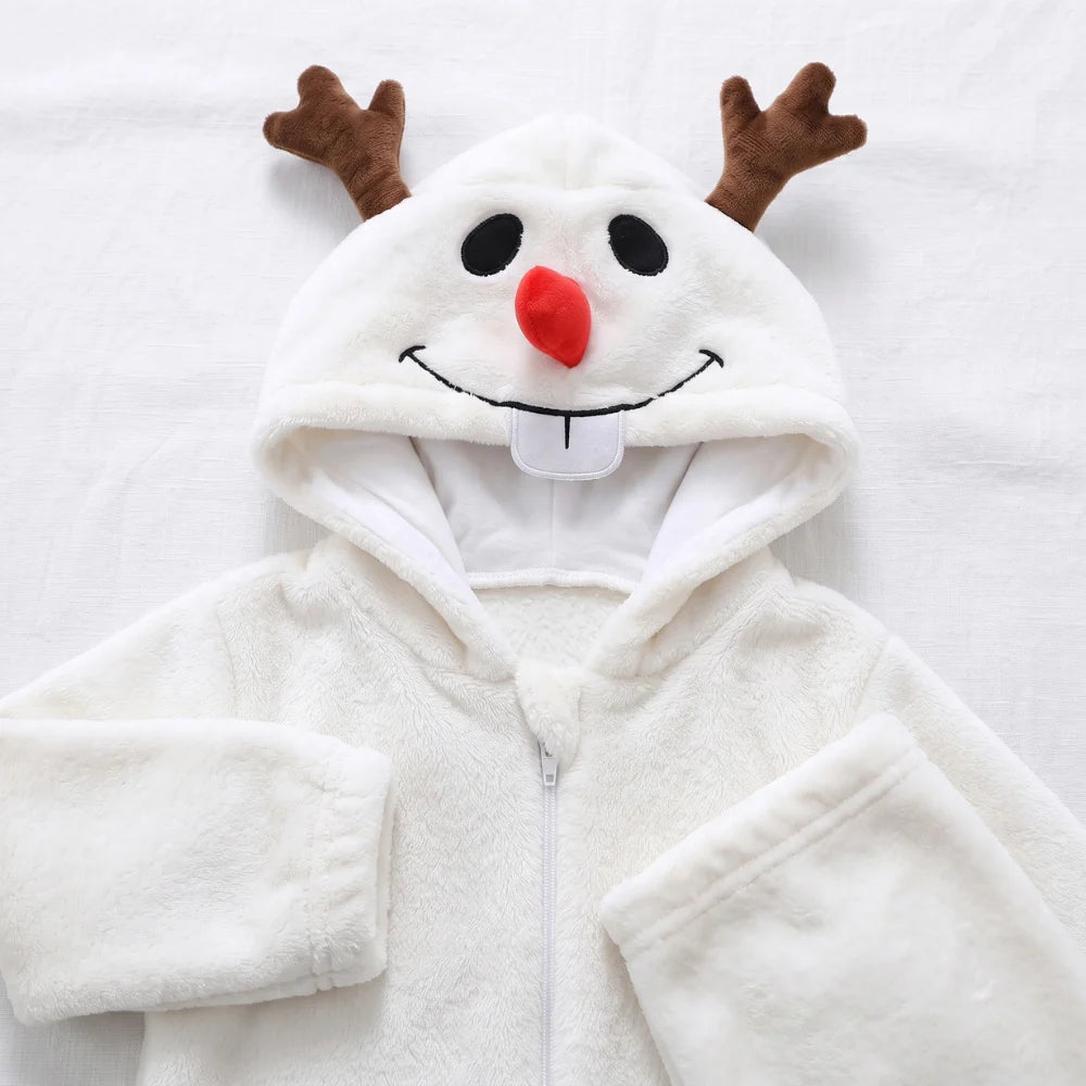 Cute animal hooded baby romper made of soft flannel fleece, featuring a full-length zip, perfect for toddlers to stay warm and cozy. 4
