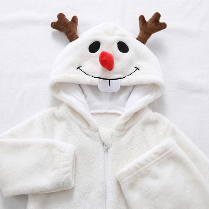 Cute animal hooded baby romper made of soft flannel fleece, featuring a full-length zip, perfect for toddlers to stay warm and cozy. 4