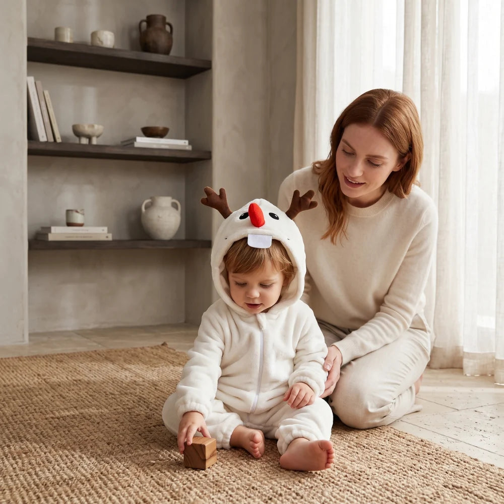 Cute animal hooded baby romper made of soft flannel fleece, featuring a full-length zip, perfect for toddlers to stay warm and cozy. 6