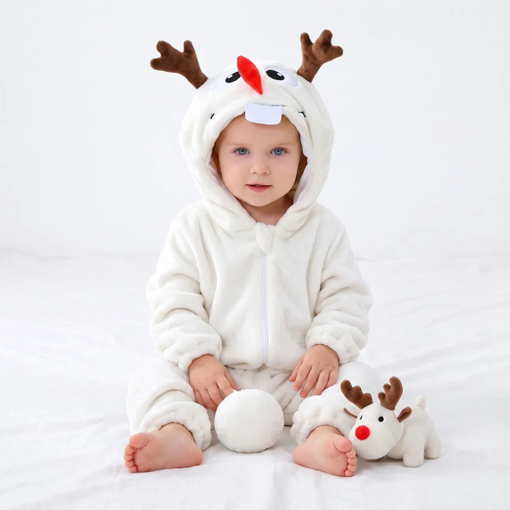 Cute animal hooded baby romper made of soft flannel fleece, featuring a full-length zip, perfect for toddlers to stay warm and cozy. 7