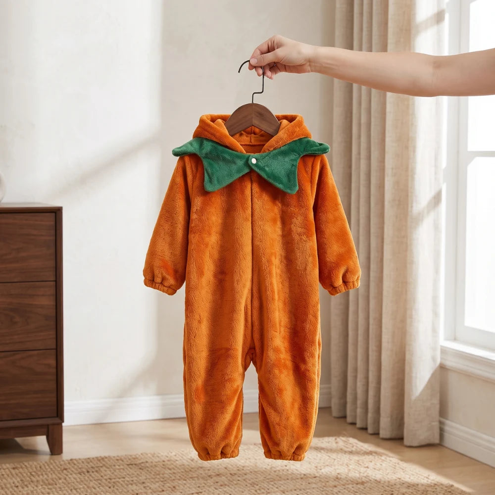 Cute animal hooded baby romper made of soft flannel fleece, featuring a full-length zip, perfect for toddlers to stay warm and cozy. 8
