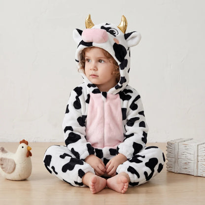 Cute animal hooded baby romper made of soft flannel fleece, featuring a full-length zip, perfect for toddlers to stay warm and cozy. 9