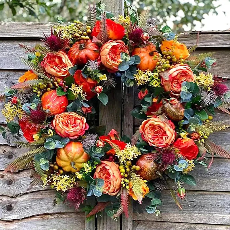 Autumn wreath featuring a decorative pumpkin, measuring 40 cm, designed for weatherproof indoor and outdoor use, perfect for seasonal home decor. 0