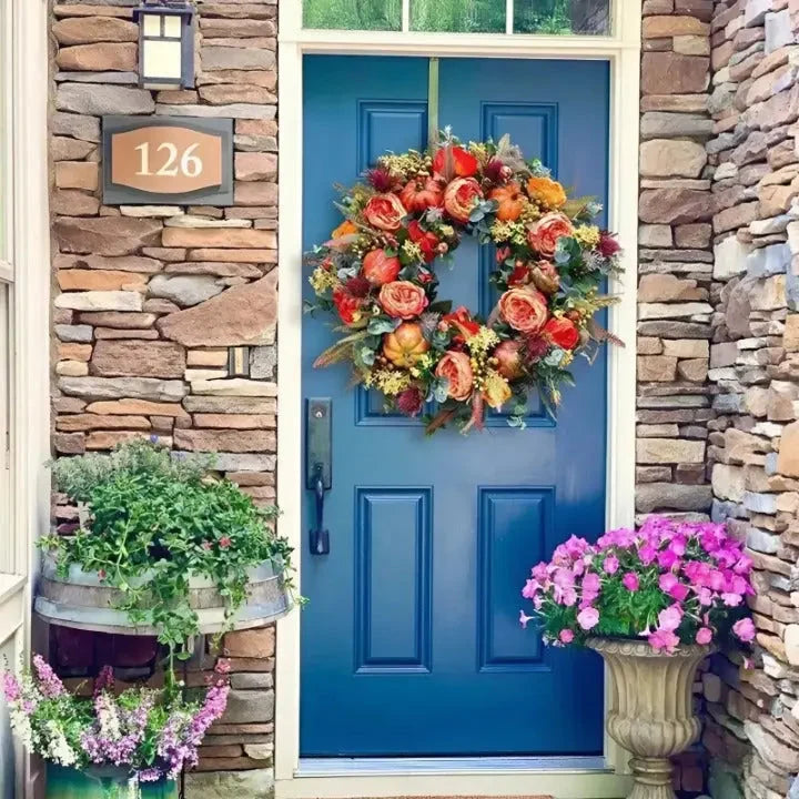 Autumn wreath featuring a decorative pumpkin, measuring 40 cm, designed for weatherproof indoor and outdoor use, perfect for seasonal home decor. 1