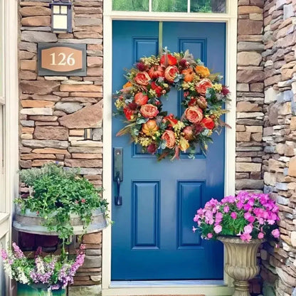 Autumn wreath featuring a decorative pumpkin, measuring 40 cm, designed for weatherproof indoor and outdoor use, perfect for seasonal home decor. 1