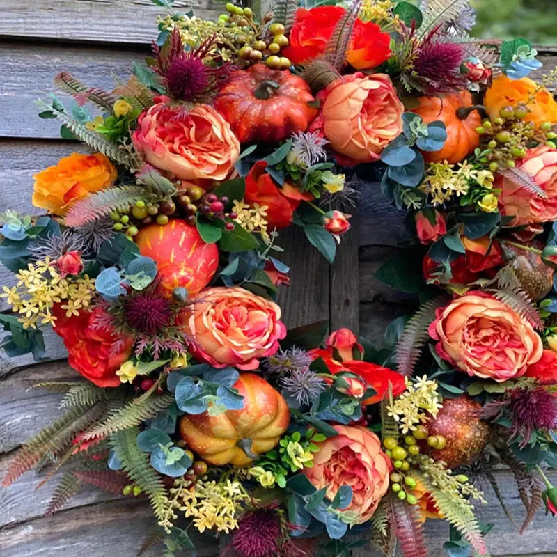 Autumn wreath featuring a decorative pumpkin, measuring 40 cm, designed for weatherproof indoor and outdoor use, perfect for seasonal home decor. 4