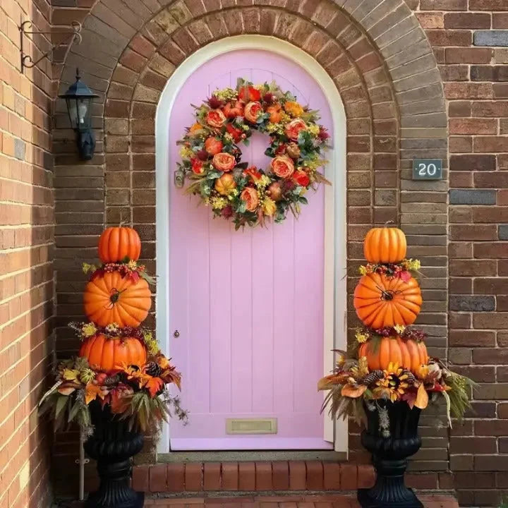 Autumn wreath featuring a decorative pumpkin, measuring 40 cm, designed for weatherproof indoor and outdoor use, perfect for seasonal home decor. 6