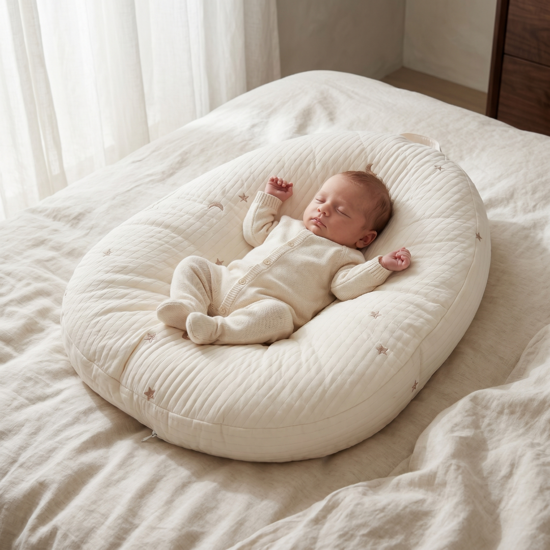 Baby lounger featuring ergonomic support, made with breathable cotton fabric, designed in a soft nest shape for optimal comfort and safety for infants. 0