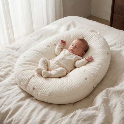 Baby lounger featuring ergonomic support, made with breathable cotton fabric, designed in a soft nest shape for optimal comfort and safety for infants. 0