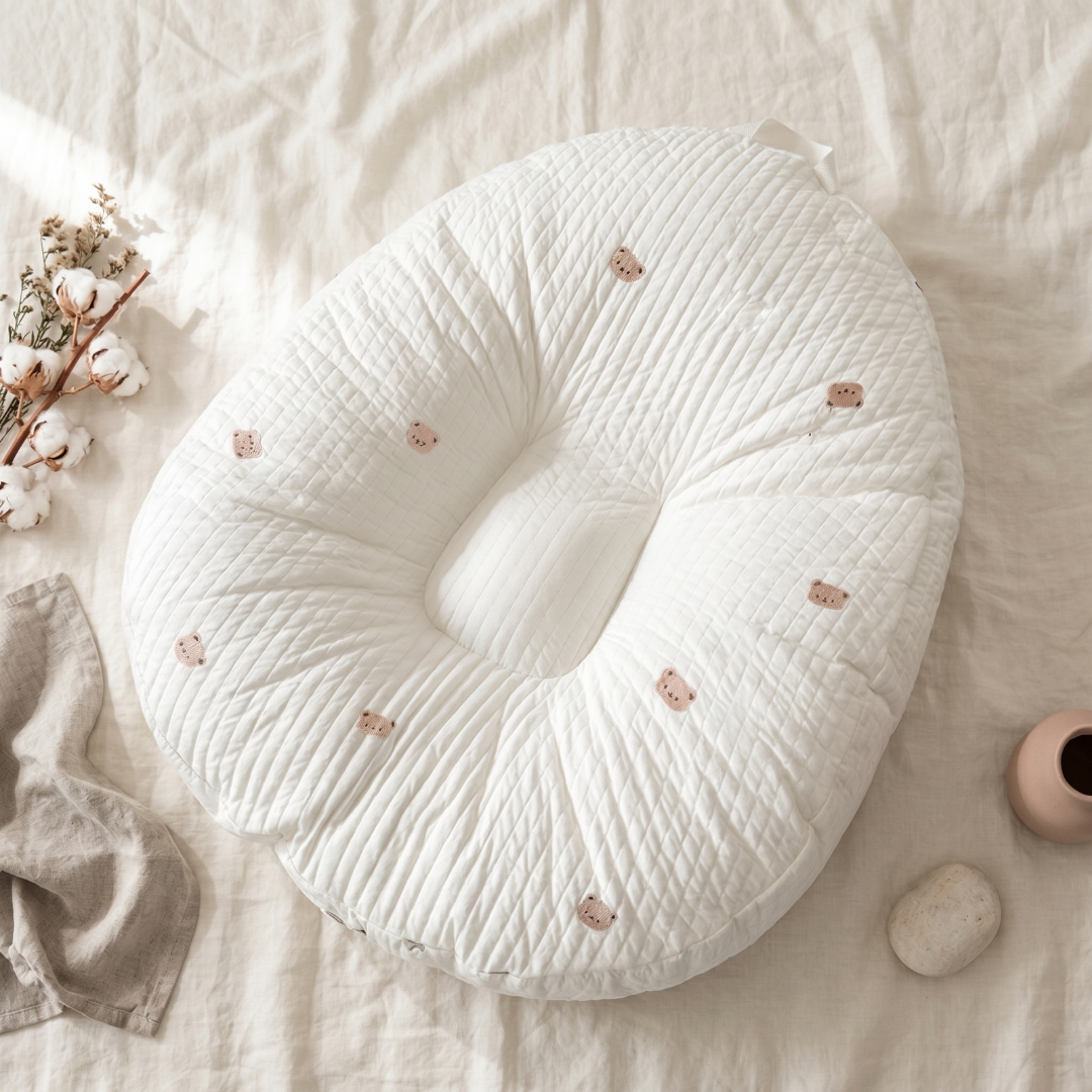 Baby lounger featuring ergonomic support, made with breathable cotton fabric, designed in a soft nest shape for optimal comfort and safety for infants. 3