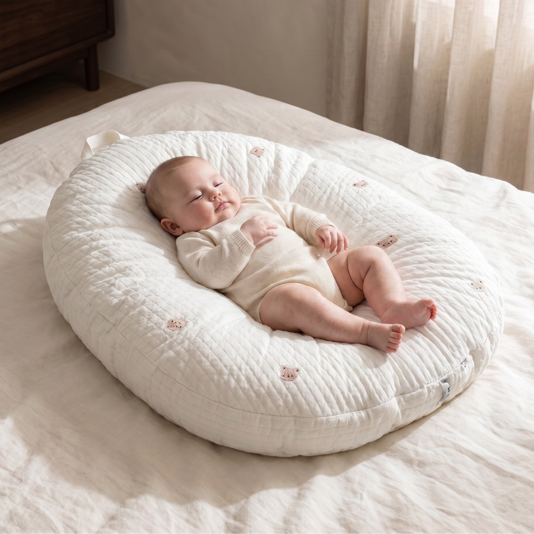 Baby lounger featuring ergonomic support, made with breathable cotton fabric, designed in a soft nest shape for optimal comfort and safety for infants. 5
