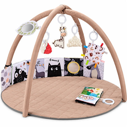 Baby Play Gym Mat featuring detachable toys for tummy time, designed with soft padded fabric to enhance sensory development for infants. 0