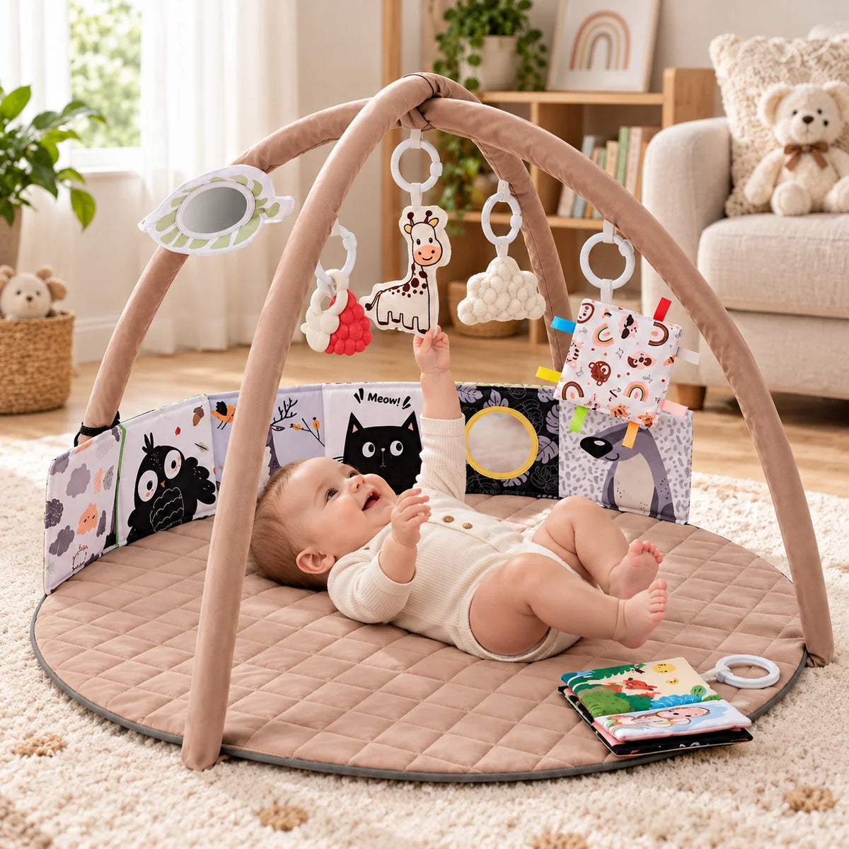 Baby Play Gym Mat featuring detachable toys for tummy time, designed with soft padded fabric to enhance sensory development for infants. 1