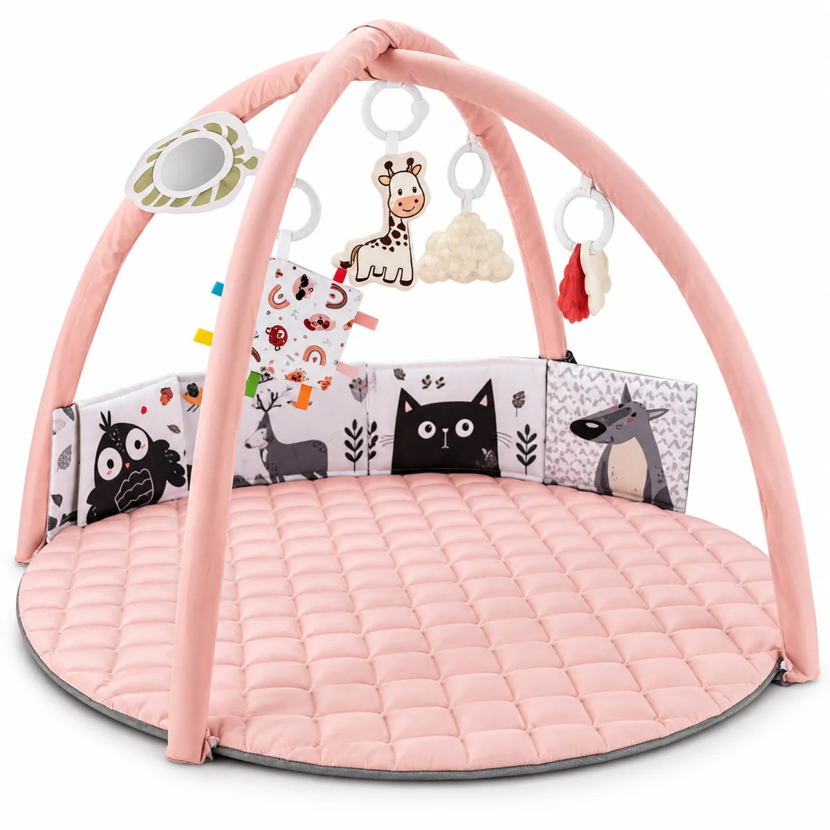 Baby Play Gym Mat featuring detachable toys for tummy time, designed with soft padded fabric to enhance sensory development for infants. 3