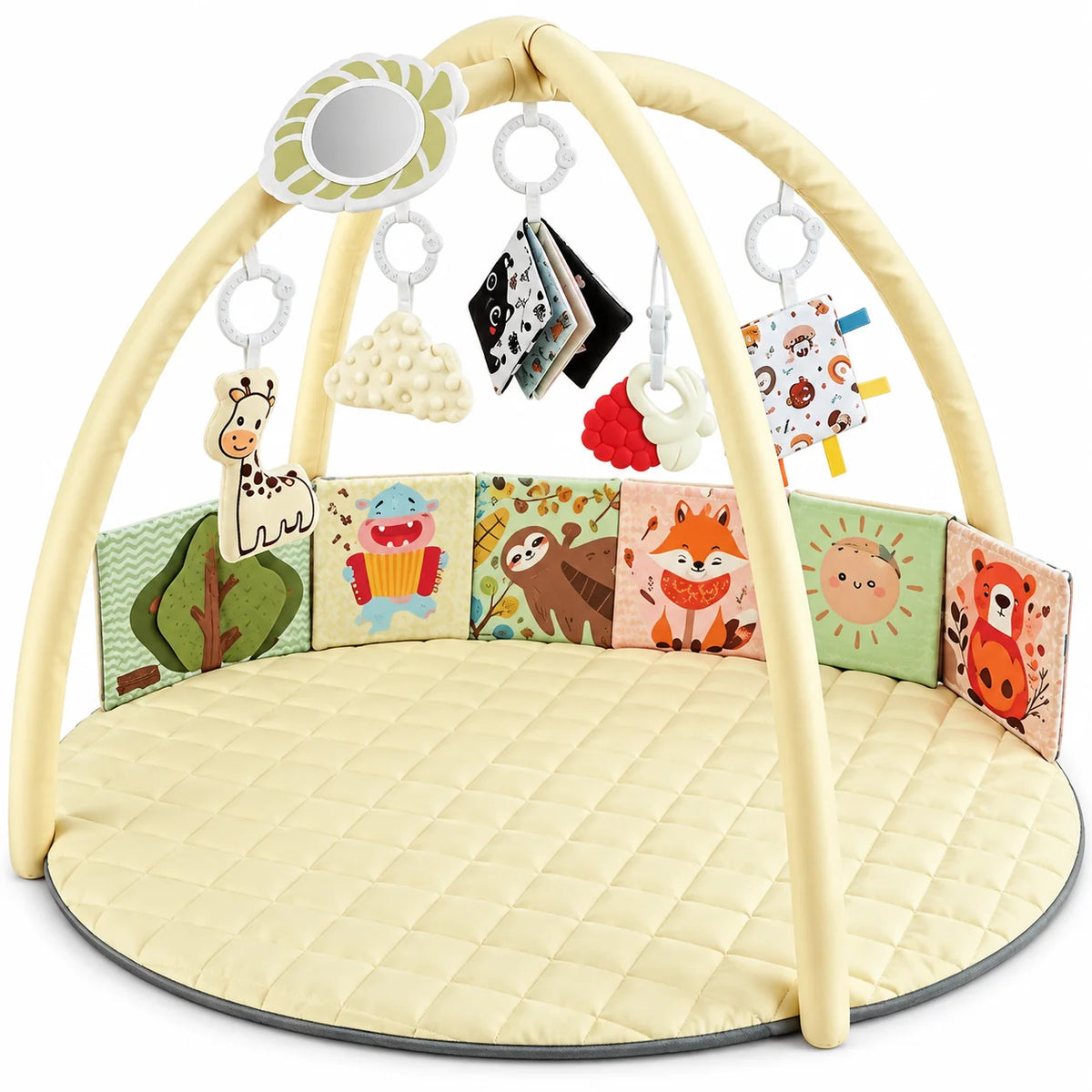 Baby Play Gym Mat featuring detachable toys for tummy time, designed with soft padded fabric to enhance sensory development for infants. 4
