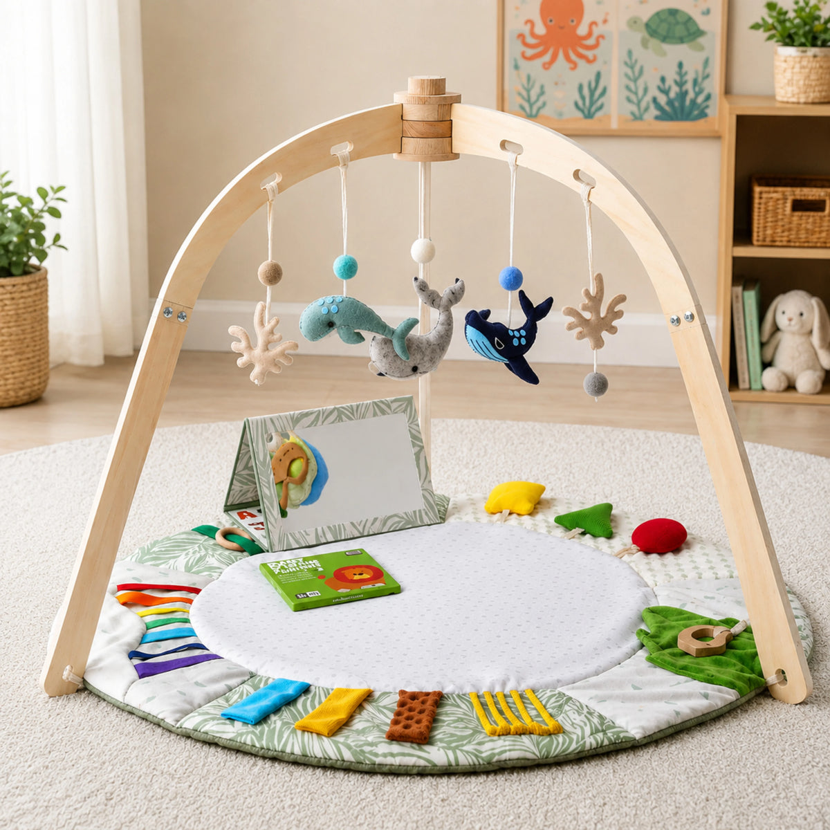 Baby play gym featuring a sensory activity mat and natural wooden frame, designed in a vibrant multi-color scheme for tummy time and exploration. 1
