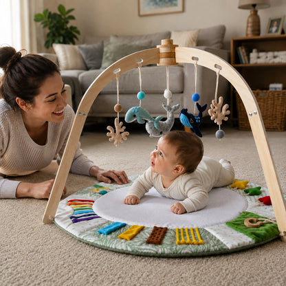 Baby play gym featuring a sensory activity mat and natural wooden frame, designed in a vibrant multi-color scheme for tummy time and exploration. 2