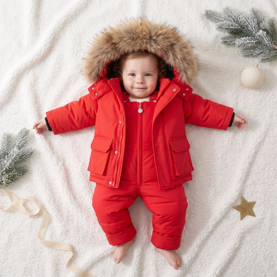Baby puffer jacket set with full padding, designed for cold weather, suitable for children aged 9 months to 4 years, featuring a warm winter 0