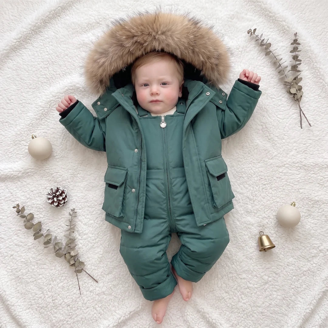Baby puffer jacket set with full padding, designed for cold weather, suitable for children aged 9 months to 4 years, featuring a warm winter 2
