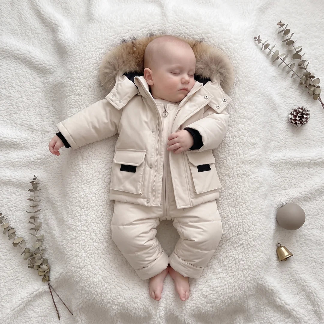 Baby puffer jacket set with full padding, designed for cold weather, suitable for children aged 9 months to 4 years, featuring a warm winter 3