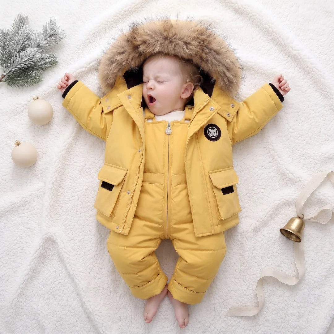 Baby puffer jacket set with full padding, designed for cold weather, suitable for children aged 9 months to 4 years, featuring a warm winter 4
