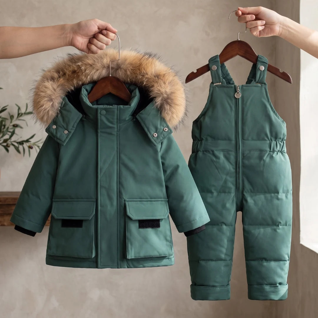 Baby puffer jacket set with full padding, designed for cold weather, suitable for children aged 9 months to 4 years, featuring a warm winter 9