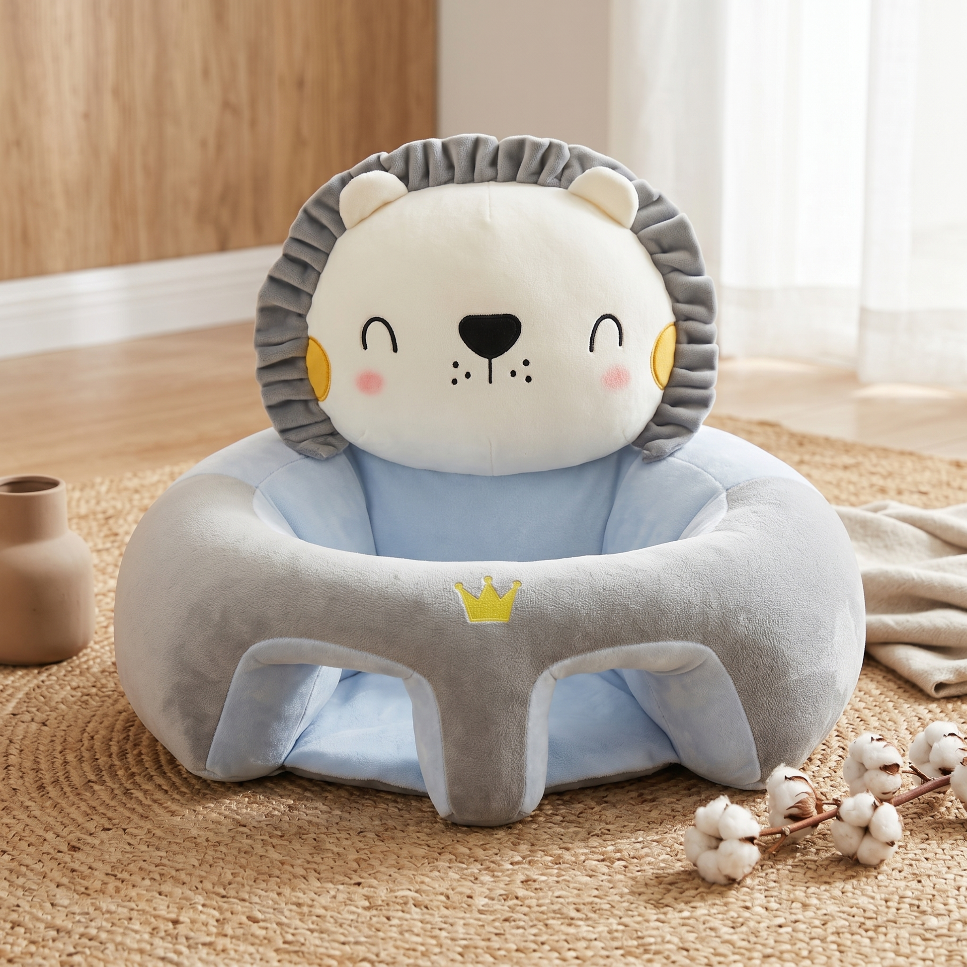 Baby Sitting Support Seat featuring a 360° stability design, crafted with soft cotton wraparound material for comfort and safety. Ideal for infants learning to sit 2