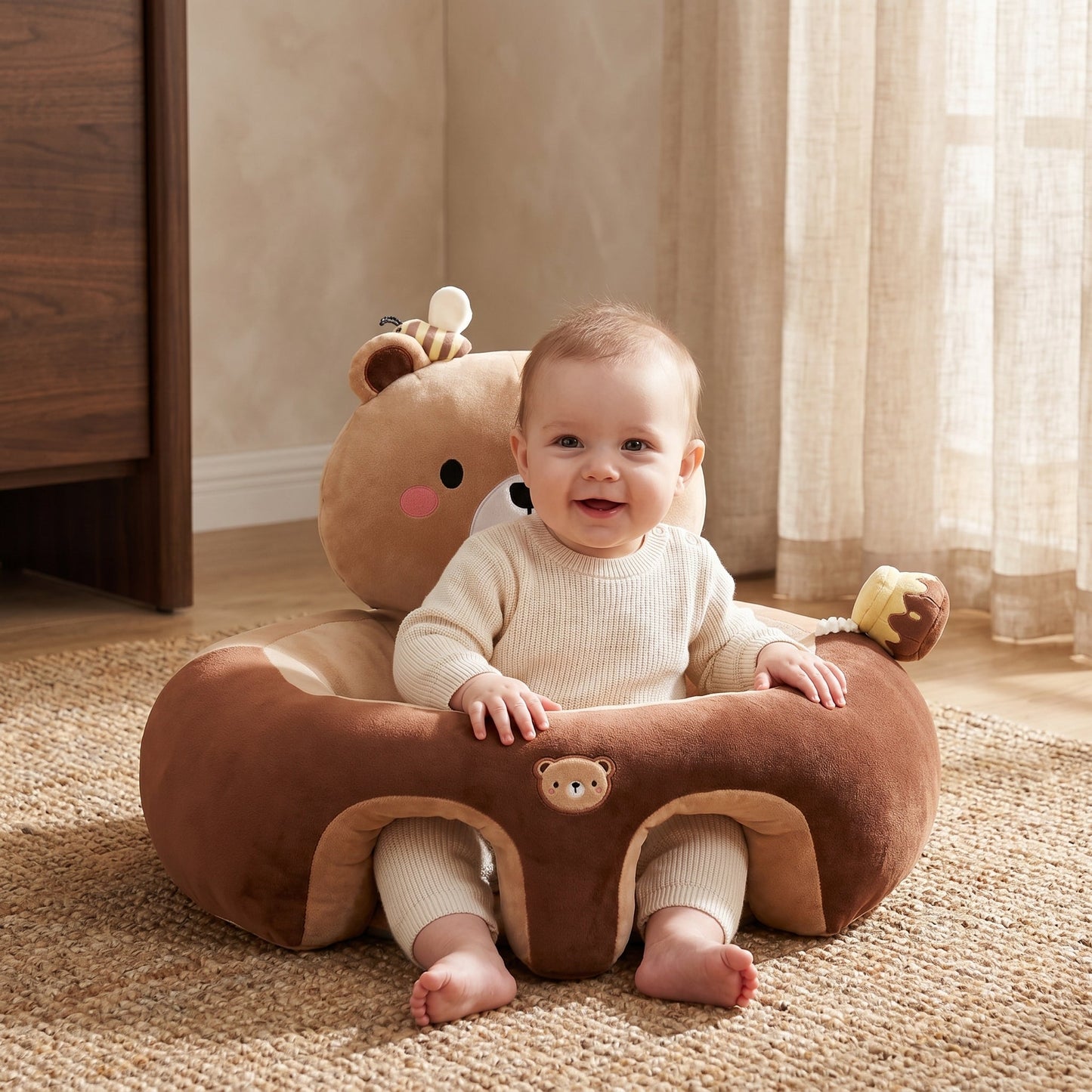 Baby Sitting Support Seat featuring a 360° stability design, crafted with soft cotton wraparound material for comfort and safety. Ideal for infants learning to sit 3