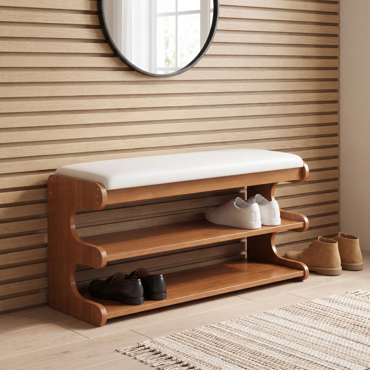 Bamboo shoe storage bench with padded seat in natural finish, featuring a space-saving design ideal for entryway organization. 4