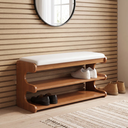 Bamboo shoe storage bench with padded seat in natural finish, featuring a space-saving design ideal for entryway organization. 4