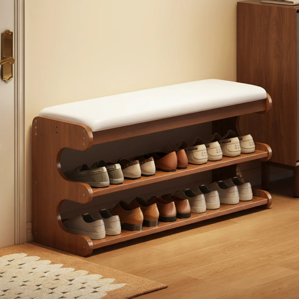 Bamboo shoe storage bench with padded seat in natural finish, featuring a space-saving design ideal for entryway organization. 6