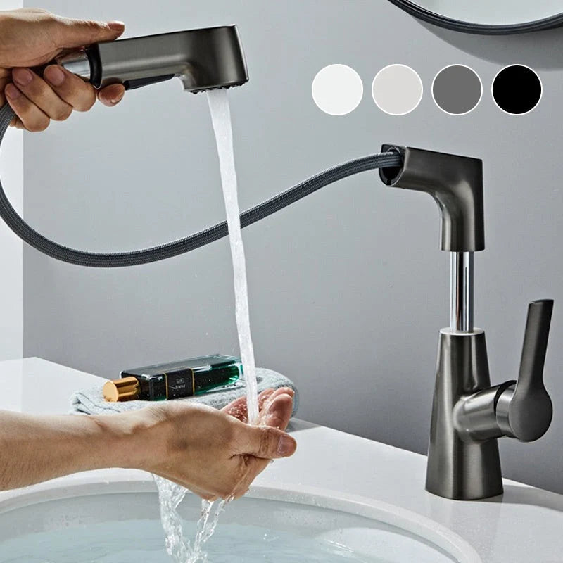 Sleek bathroom faucet with pull-out spray head and 360-degree swivel spout, designed for modern small spaces. 0