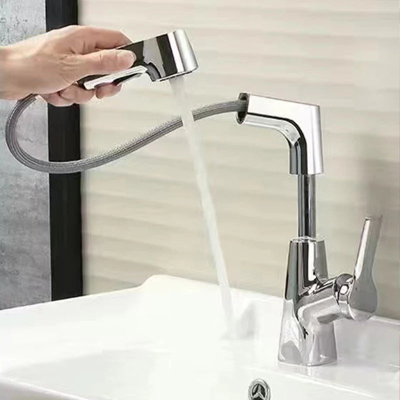 Sleek bathroom faucet with pull-out spray head and 360-degree swivel spout, designed for modern small spaces. 1