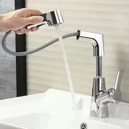 Sleek bathroom faucet with pull-out spray head and 360-degree swivel spout, designed for modern small spaces. 1